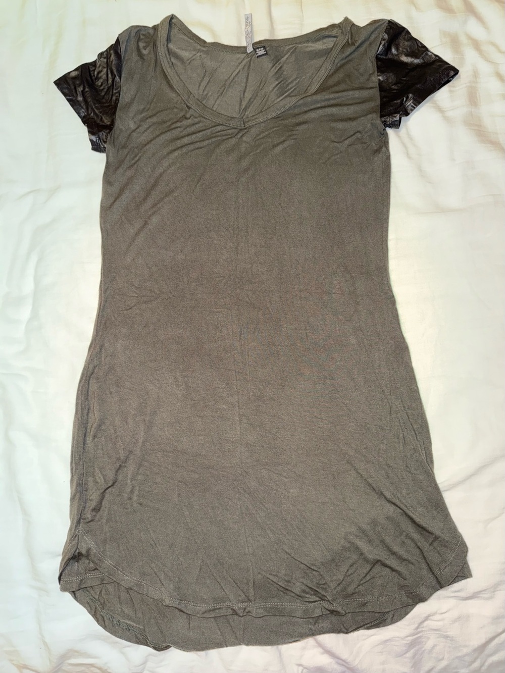 Olive green tshirt dress with Faux Leather Sleeves